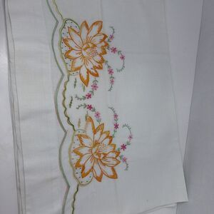 Vintage Hand Embroidered Pillowcases Set 2 Lotus Water Lily Floral Cottagecore